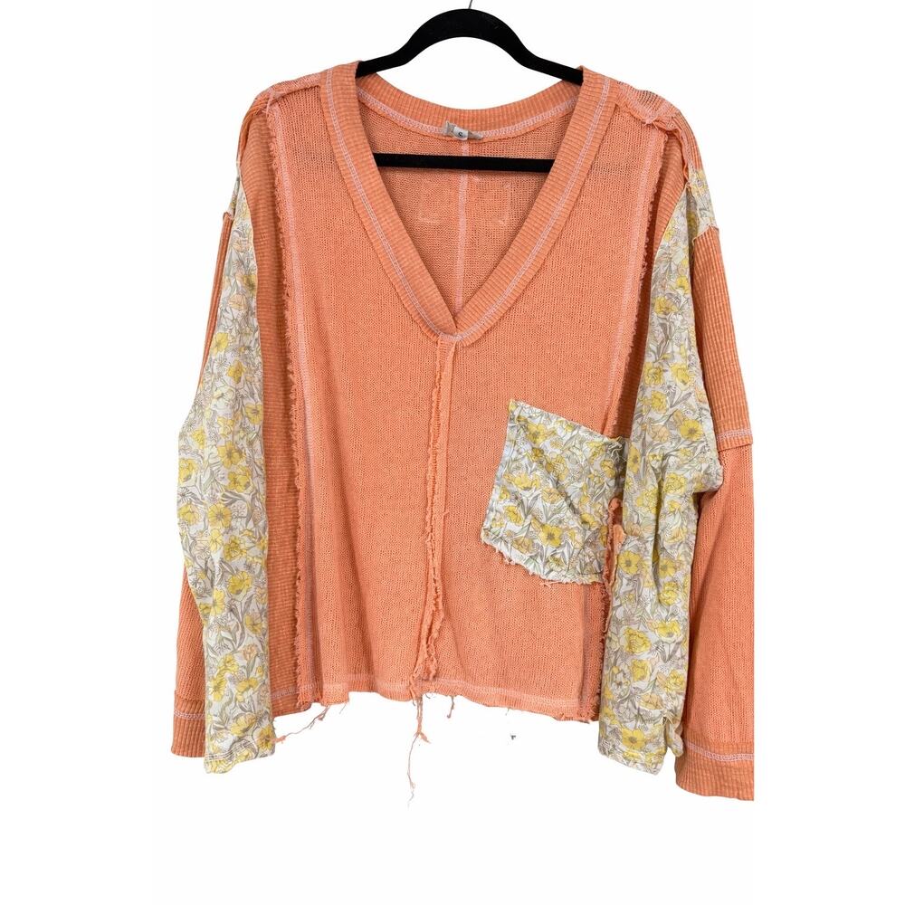 POL Small Peach Floral Patchwork Thermal Top Boho V Neck Raw Hem Cottagecore